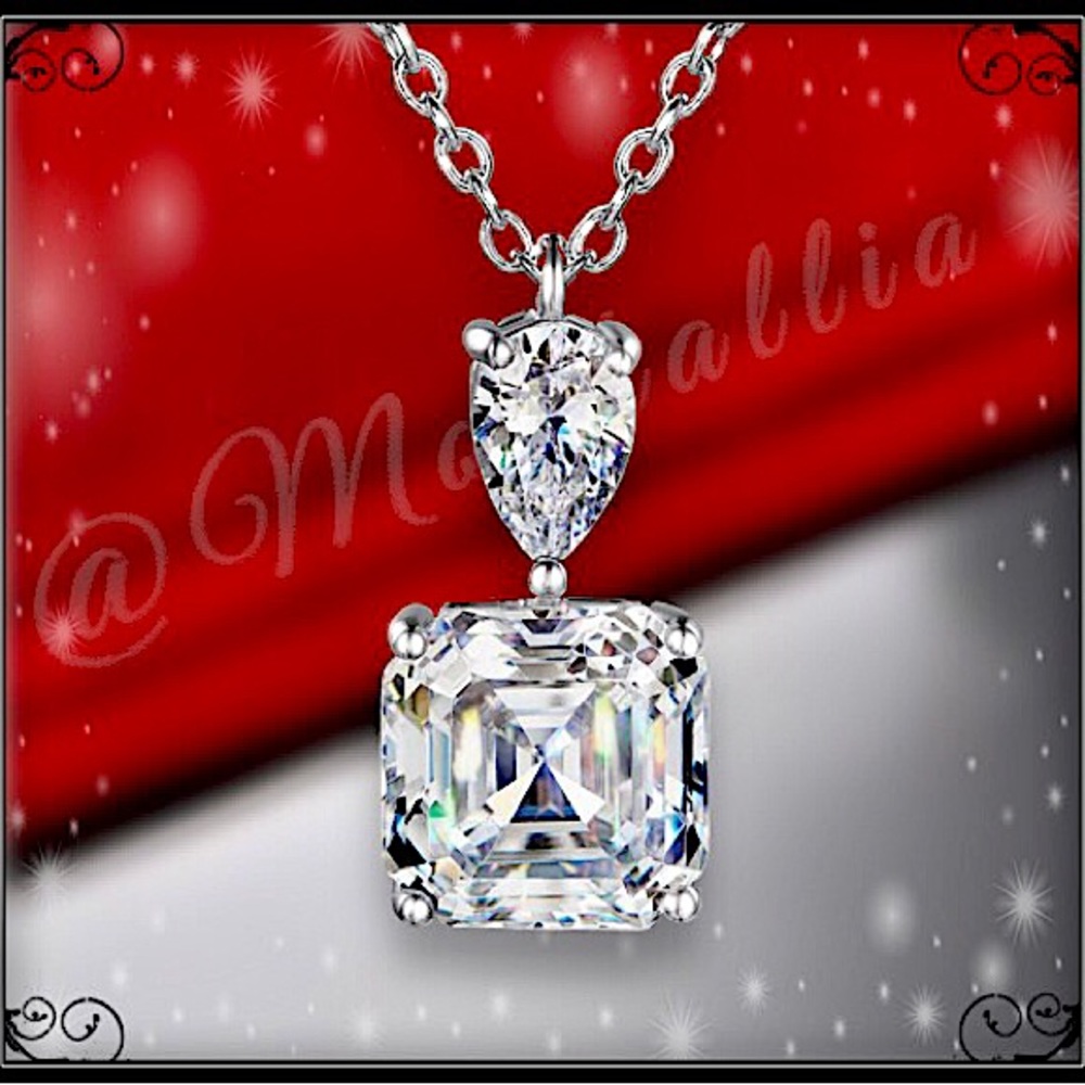 NEW STERLING SILVER SQUARE ASSCHER CUSHION CRYSTAL SIMULATED DIAMOND NECKLACE